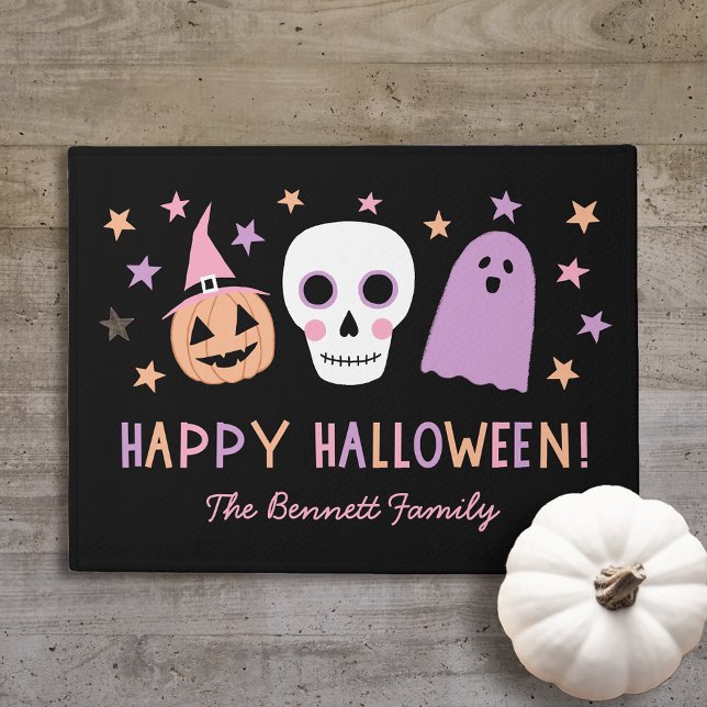 Cute Pastel Skull Happy Halloween Name Doormat Deurmat (Creator heeft geüpload)