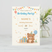 Cute Pastel Teddy Bear Kids Birthday Invitation (Debout devant)