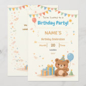 Cute Pastel Teddy Bear Kids Birthday Invitation (Devant / Derrière)