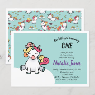 Cute pastel unicorn 1e verjaardagsuitnodiging kaart