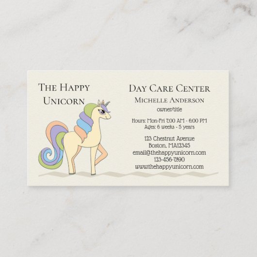 Cute Pastel Unicorn Carte de visite de garde d'enf (Dos)