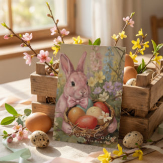Cute pastel  watercolor easter bunny eggs feestdagenkaart