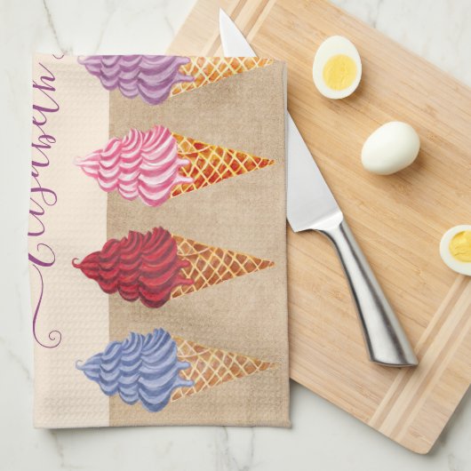 Cute Pastel Waterverf Ice Cream Funny Custom Name Theedoek (Quarter Fold)