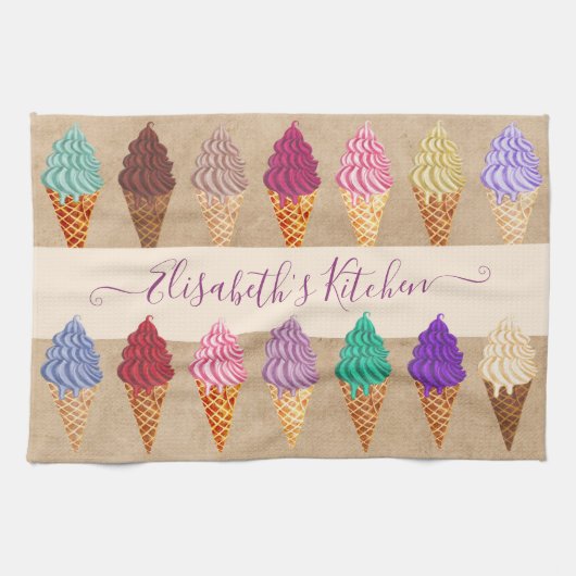 Cute Pastel Waterverf Ice Cream Funny Custom Name Theedoek (Horizontaal)