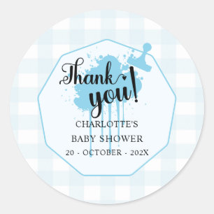 Cute Pastelblauwe Gingham Baby Shower Ronde Sticker