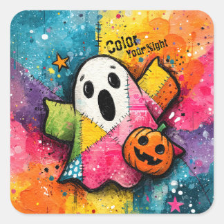 Cute Patchwork Ghost Colorful Splatter Art Vierkante Sticker