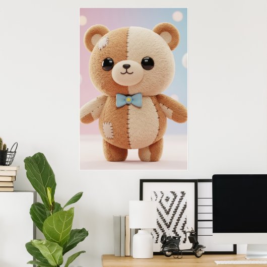 Cute Patchwork Teddy Bear Illustration Poster (Bureau à domicile)
