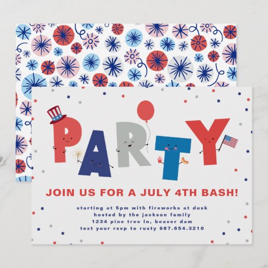 Cute Patriotique Juillet 4 Party Invitation (Devant / Derrière)