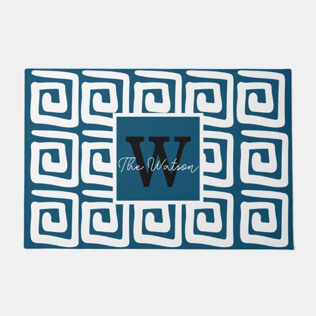 Cute patroonblauw grieks monogram modern deurmat (Voorkant)