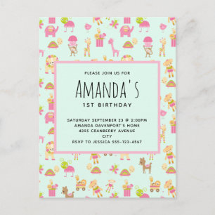 Cute Pattern met Nursery Animals & Toys Birthday Uitnodiging Briefkaart
