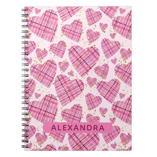 Cute Pattern Pset Pink Hearts Faux Glitter Name Notitieboek (Voorkant)