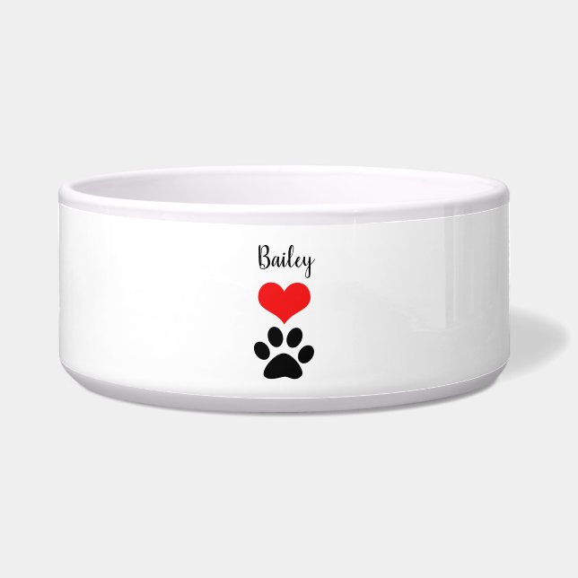 Cute Paw Print Heart Naam Monogram Rood Zwart wit Voerbakje (Voorkant)