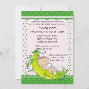 Cute Pea Pod Baby Girl Baby Shower Invitations Kaart