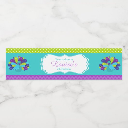 Cute Peacock Green en Paars Waterfles Etiket (Enkel label)