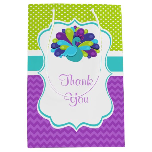 Cute Peacock Green en Paarse Birthday Dank u Medium Cadeauzakje (Voorkant)