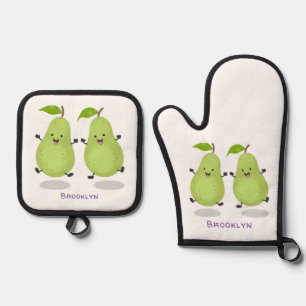 Cute pear pair cartoon illustratie ovenwant & pannenlap set