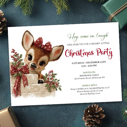 Cute peeking reindeer Xmas invite editable file Kaart