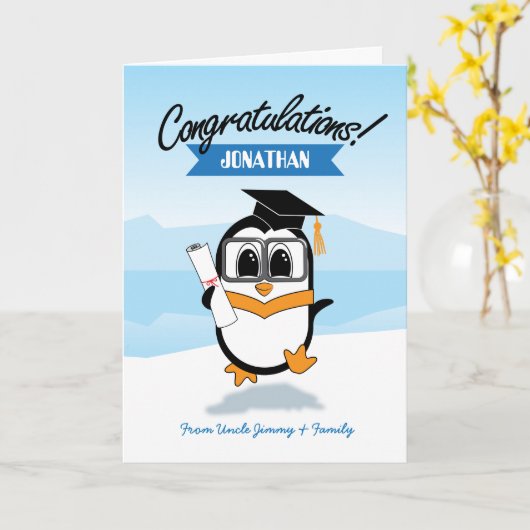 Cute Penguin Afstuderen Kaart (Gele Bloem)