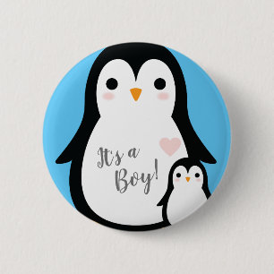 Cute Penguin Baby shower Blue Boy Ronde Button 5,7 Cm