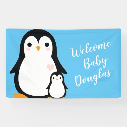 Cute Penguin Baby shower Blue Boy Spandoek (Horizontaal)