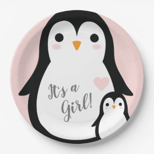 Cute Penguin Baby shower Pink Girl Papieren Bordje