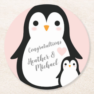 Cute Penguin Baby shower Pink Girl Ronde Kartonnen Onderzetter