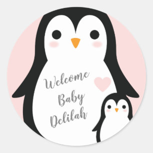 Cute Penguin Baby shower Pink Girl Ronde Sticker