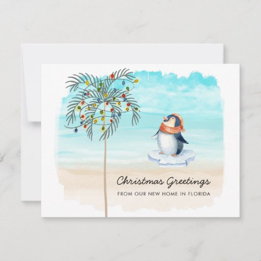 Cute Penguin Beach Scene Family Holiday Moving Aankondiging (Voorkant)