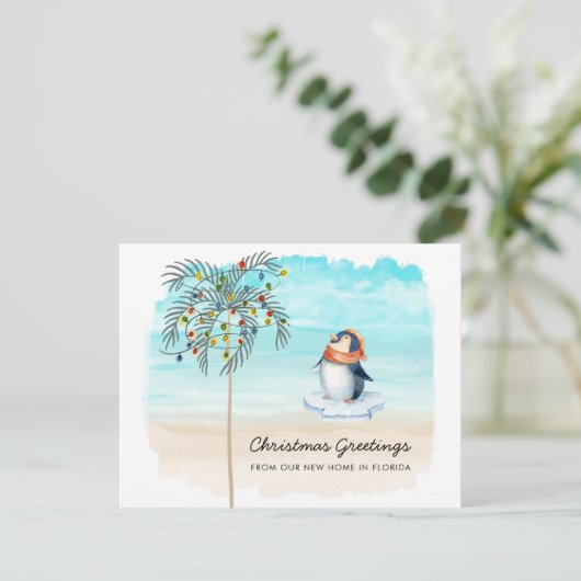 Cute Penguin Beach Scene Family Holiday Moving Aankondiging (Staand voorkant)