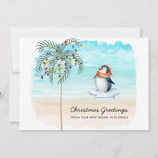 Cute Penguin Beach Scene Family Holiday Moving Aankondiging (Voorkant)