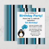 Cute Penguin Birthday Blue Stripe Party Invitation Kaart (Voorkant / Achterkant)