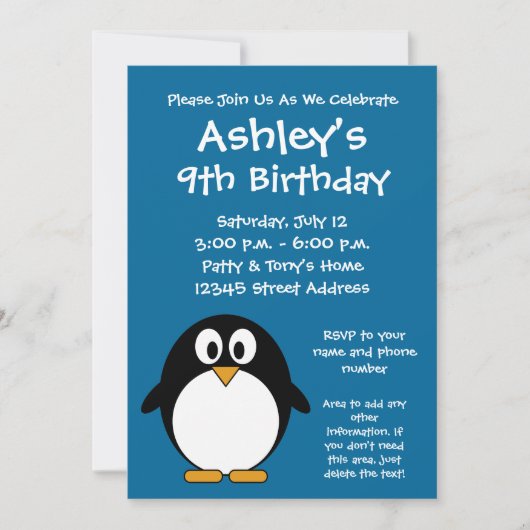 Cute Penguin Birthday Party Invitation Kaart (Voorkant)