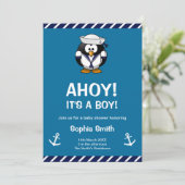 Cute Penguin Blue Baby shower nautique Invitation (Debout devant)