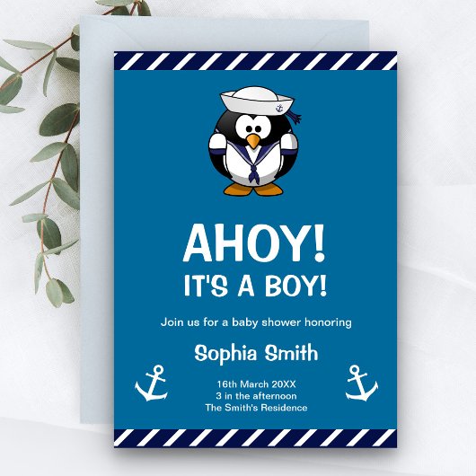 Cute Penguin Blue Baby shower nautique Invitation