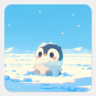 Cute Penguin Chick in Starry Arctic Landscape Vierkante Sticker