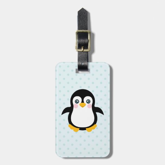 Cute Penguin Design Blue Polka Dot Background Bagagelabel (Voorkant verticaal)