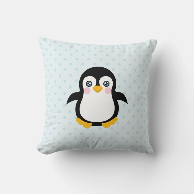 Cute Penguin Design Blue Polka Dot Background Kussen (Voorkant)