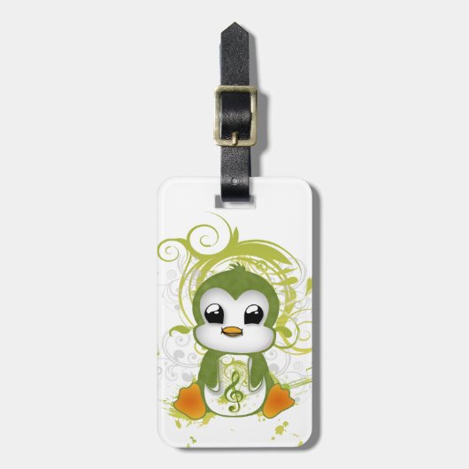 Cute penguin green fluffy effect muzieknote swirls bagagelabel (Voorkant verticaal)