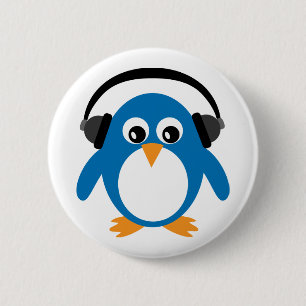 Cute Penguin & Headphones White Ronde Button 5,7 Cm