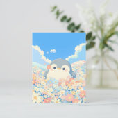 Cute Penguin in Colorful Spring Meadow Briefkaart (Staand voorkant)
