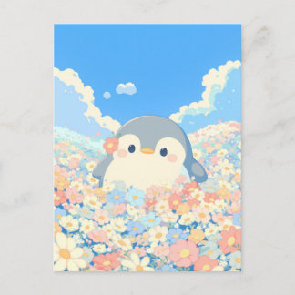 Cute Penguin in Colorful Spring Meadow Briefkaart