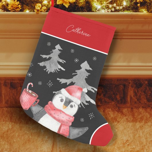 Cute Penguin in Santa Claus Pet Red en Black Kleine Kerstsok