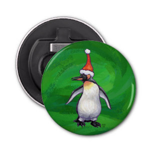 Cute Penguin in Santa Hat over Green Button Flesopener