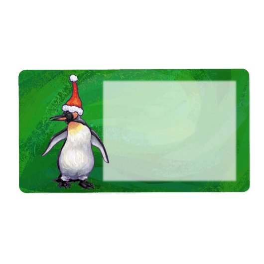 Cute Penguin in Santa Hat over Green Etiket (Voorkant)