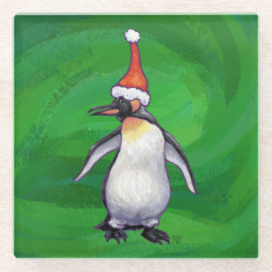 Cute Penguin in Santa Hat over Green Glazen Onderzetter