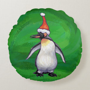 Cute Penguin in Santa Hat over Green Rond Kussen
