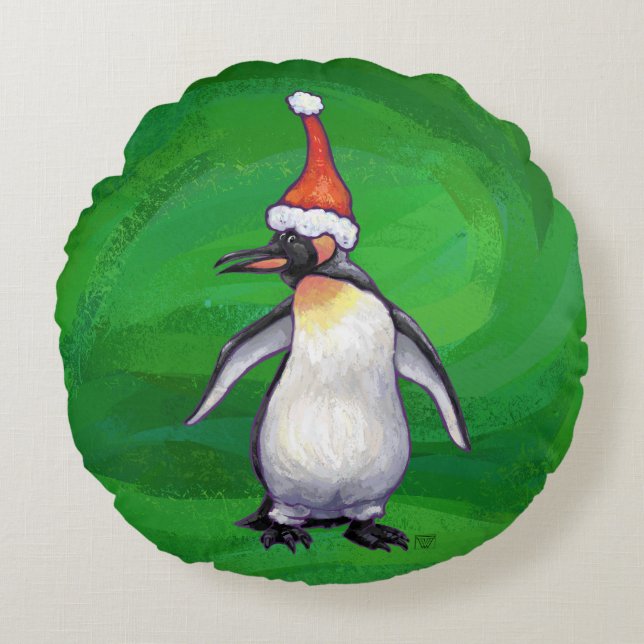 Cute Penguin in Santa Hat over Green Rond Kussen (Voorkant)