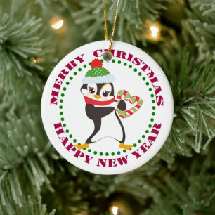 Cute Penguin met Candy Cane Heart Keramisch Ornament