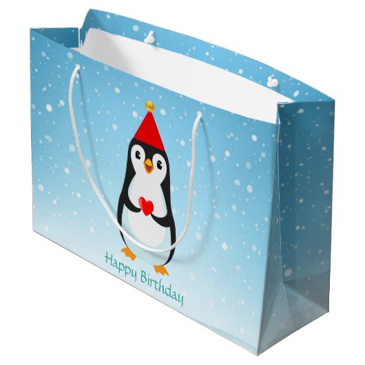 Cute Penguin met hart op lichtblauw Groot Cadeauzakje (Achterkant Gekanteld)