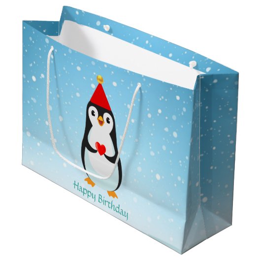 Cute Penguin met hart op lichtblauw Groot Cadeauzakje (Voorkant Gekanteld)